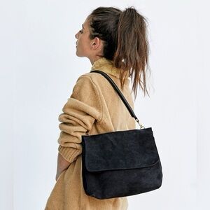 Clare V Helene Black Suede Shoulder Bag with Long Crossbody Strap